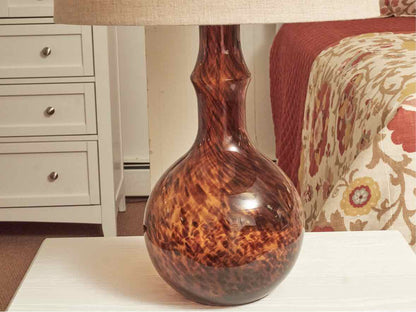Hand Blown Sienna Amber Glass Table Lamp With Tan Linen Shade