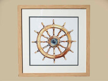 'Ship's Wheel I' Watercolor Print Double Matt Natural Wood Frame