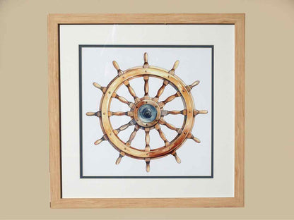 'Ship's Wheel I' Watercolor Print Double Matt Natural Wood Frame