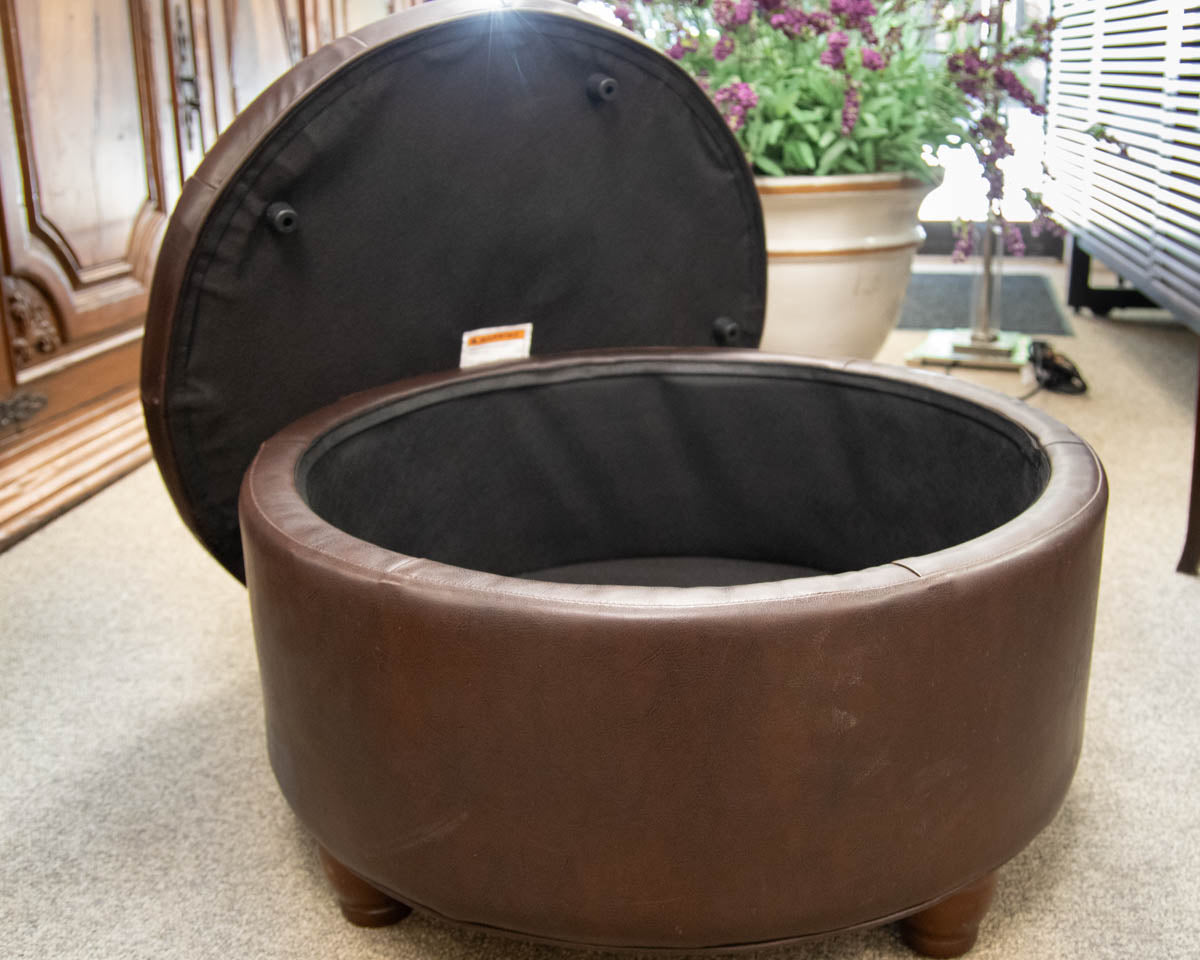 Round Button-Tufted Storage Ottoman in Dark Brown Faux Leather