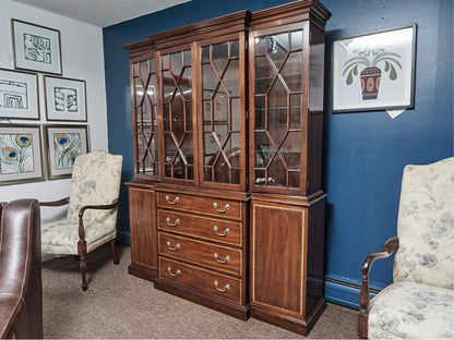 Henkel Harris Mahogany Banded Inlay 4 Glass Door Breakfront Cabinet