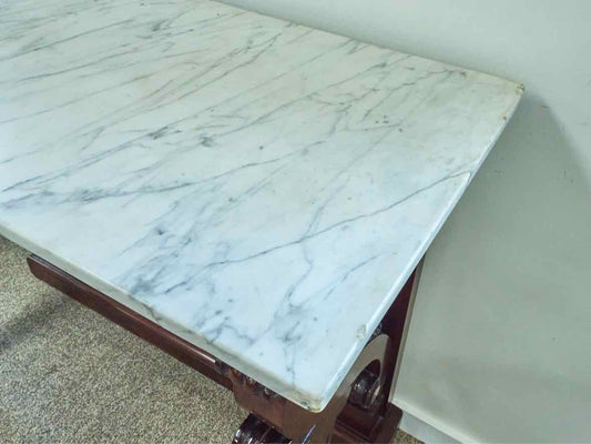 Carved Mahogany Console with White Marble Top and Mirrored Back