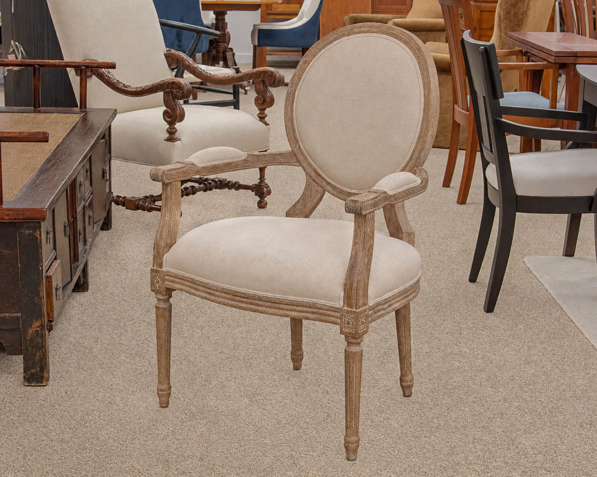 French Balloon Back Accent Chair W/Weathered Oak Frame