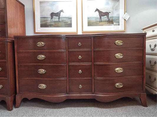 Morganton  Mahogany Serpentine 12 Drawer Dresser with Brass Hepplewhite Handles