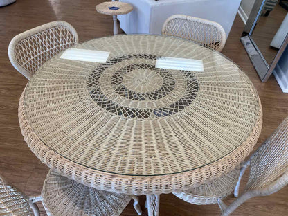 Round Wicker Glass Top Table w/ 4 Chairs