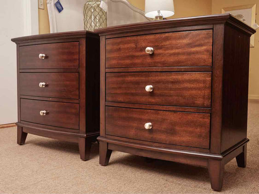 Pair of Ribboned Mahogany 3 Drawer Nightstands