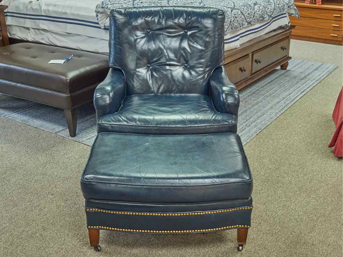 North Hickory Blue Leather Chair and Ottoman