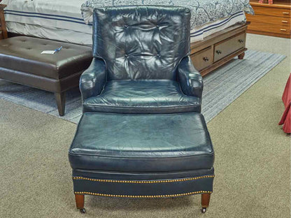 North Hickory Blue Leather Chair and Ottoman