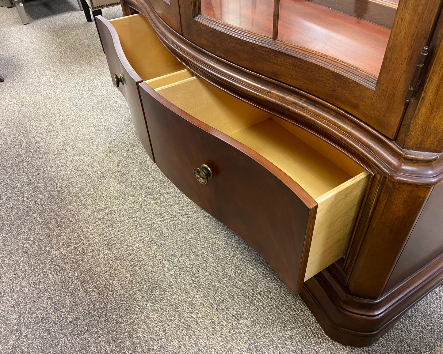 Serpentine Front Lighted Inlaid Display Cabinet with Brass Pulls