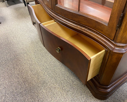 Serpentine Front Lighted Inlaid Display Cabinet with Brass Pulls