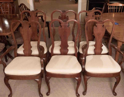 Set Of 6 Cherry Chippendale Style Custom Upholstered Seats Dining Chairs