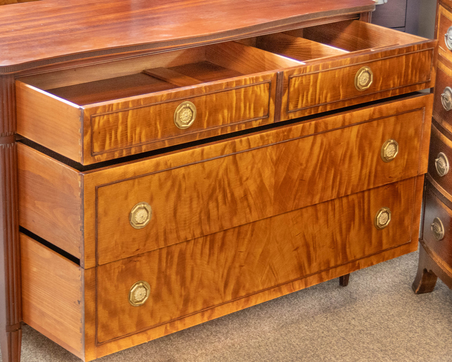 Paine Mahogany Bow Front Dresser W/ 3 Satin Wood Drawers