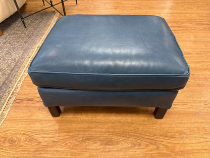 Lee Pair of Peacock Blue Leather Chairs w/ Ottomans