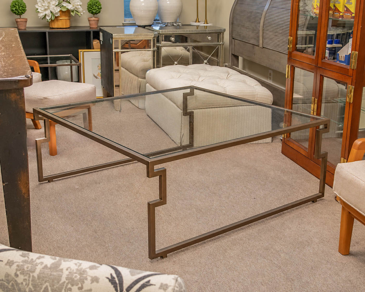 Greek Key Square Iron Cocktail Table with Glass Top