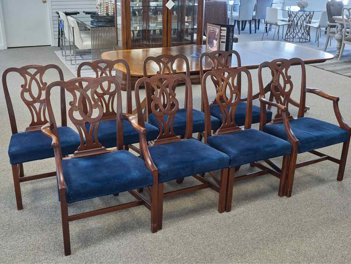 Set of 8 Carved Mahogany Dining Chairs with Dark Blue Velvet Seats