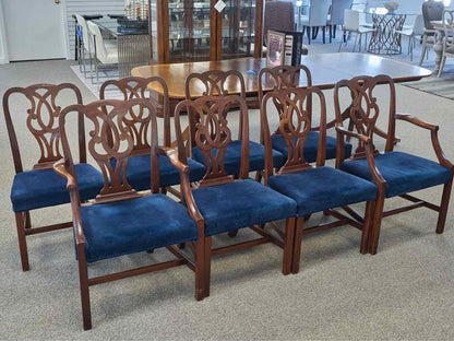 Set of 8 Carved Mahogany Dining Chairs with Dark Blue Velvet Seats
