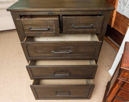 Espresso Finish Plank 2 Over 3 Drawer Chest with Metal Handle Pulls