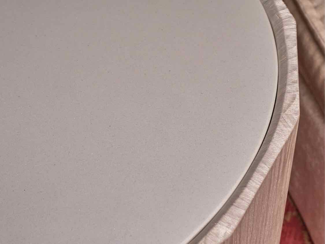 White Washed Oak Round  2 Door  Travertine Insert Accent Table