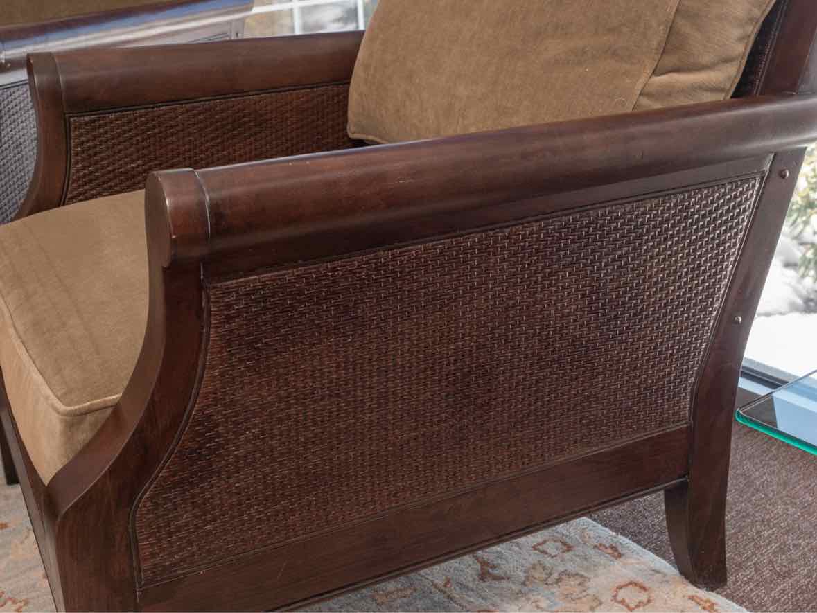 Pair of Pottery Barn Espresso Finish Cain Back  Arm Chair with Ottoman