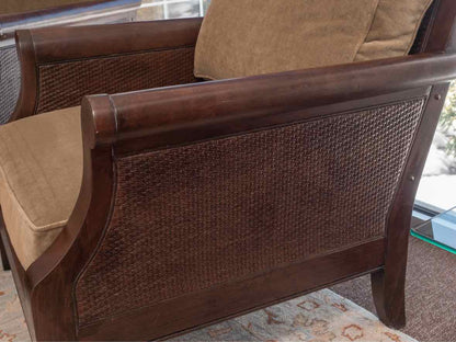 Pair of Pottery Barn Espresso Finish Cain Back  Arm Chair with Ottoman