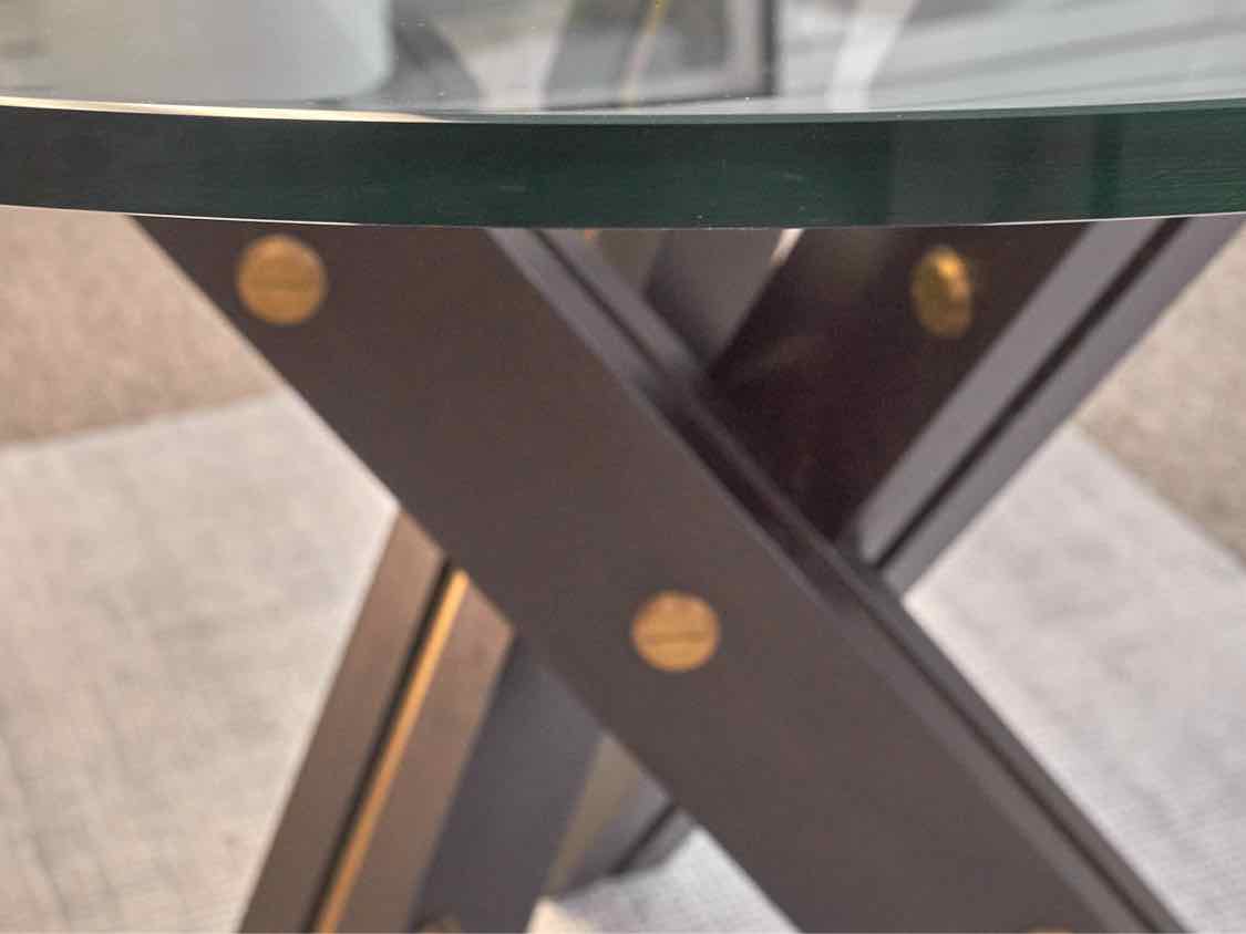 Glass Top 28" Round Dining Table with Black Cross Pedestal with Gold Accent