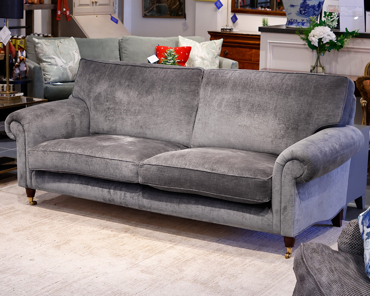 Gray Sofa w/ Rolled Arms and Spindle Wood Feet w/ Gold Casters