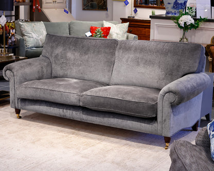 Gray Sofa w/ Rolled Arms and Spindle Wood Feet w/ Gold Casters