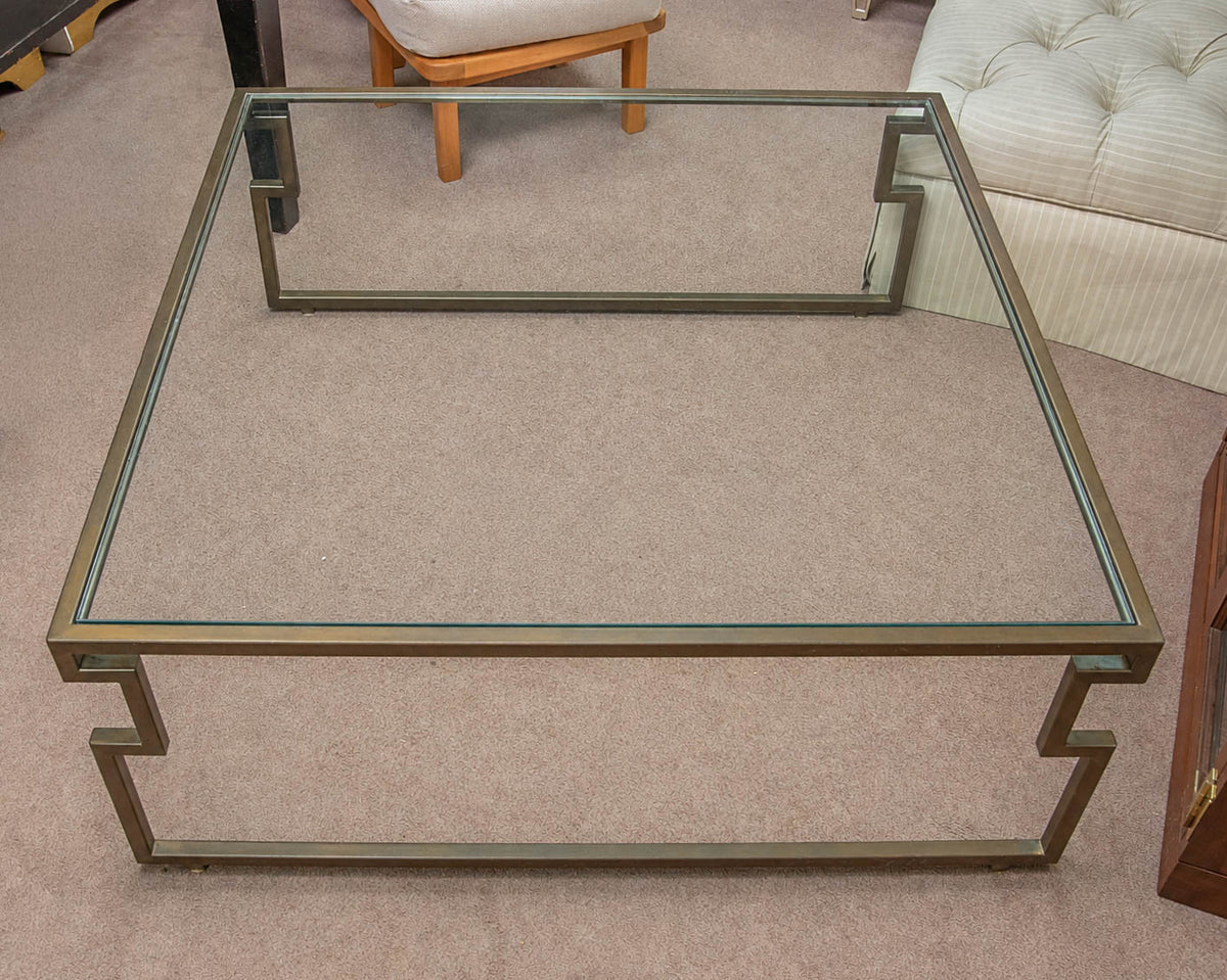 Greek Key Square Iron Cocktail Table with Glass Top