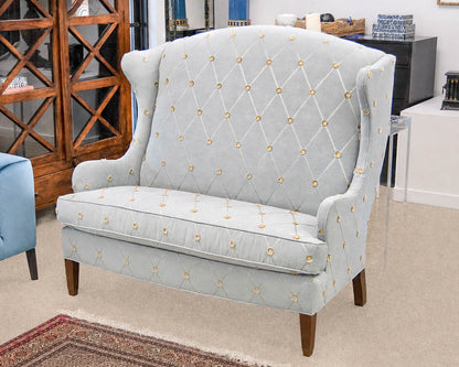 Michael Thomas Tall Wingback Settee in Pale Blue Embroidered Chenille