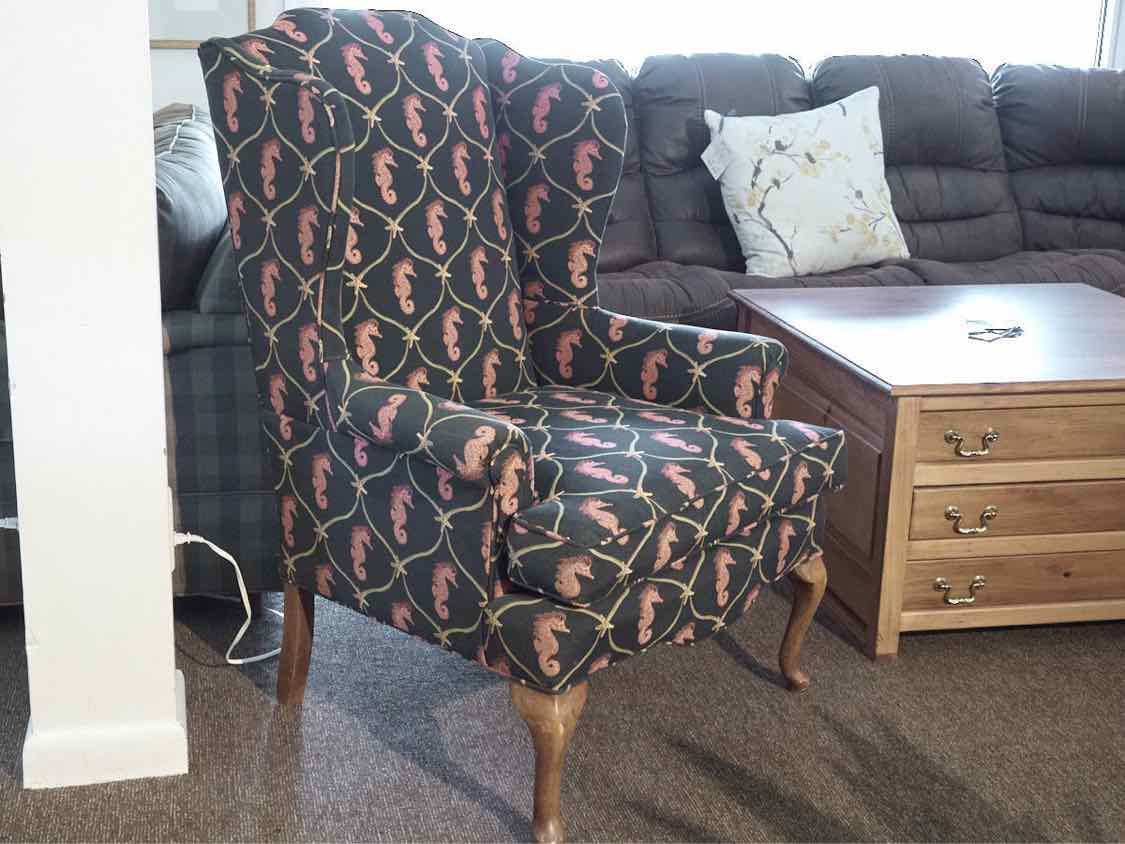 Custom Upholstered 'Seahorse & Starfish' Wing Back Chair