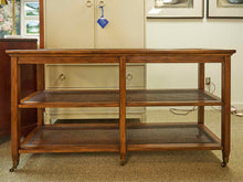 Elm Wood Console w/ Wood Cane Panel Design  & Glass Top  on Casters