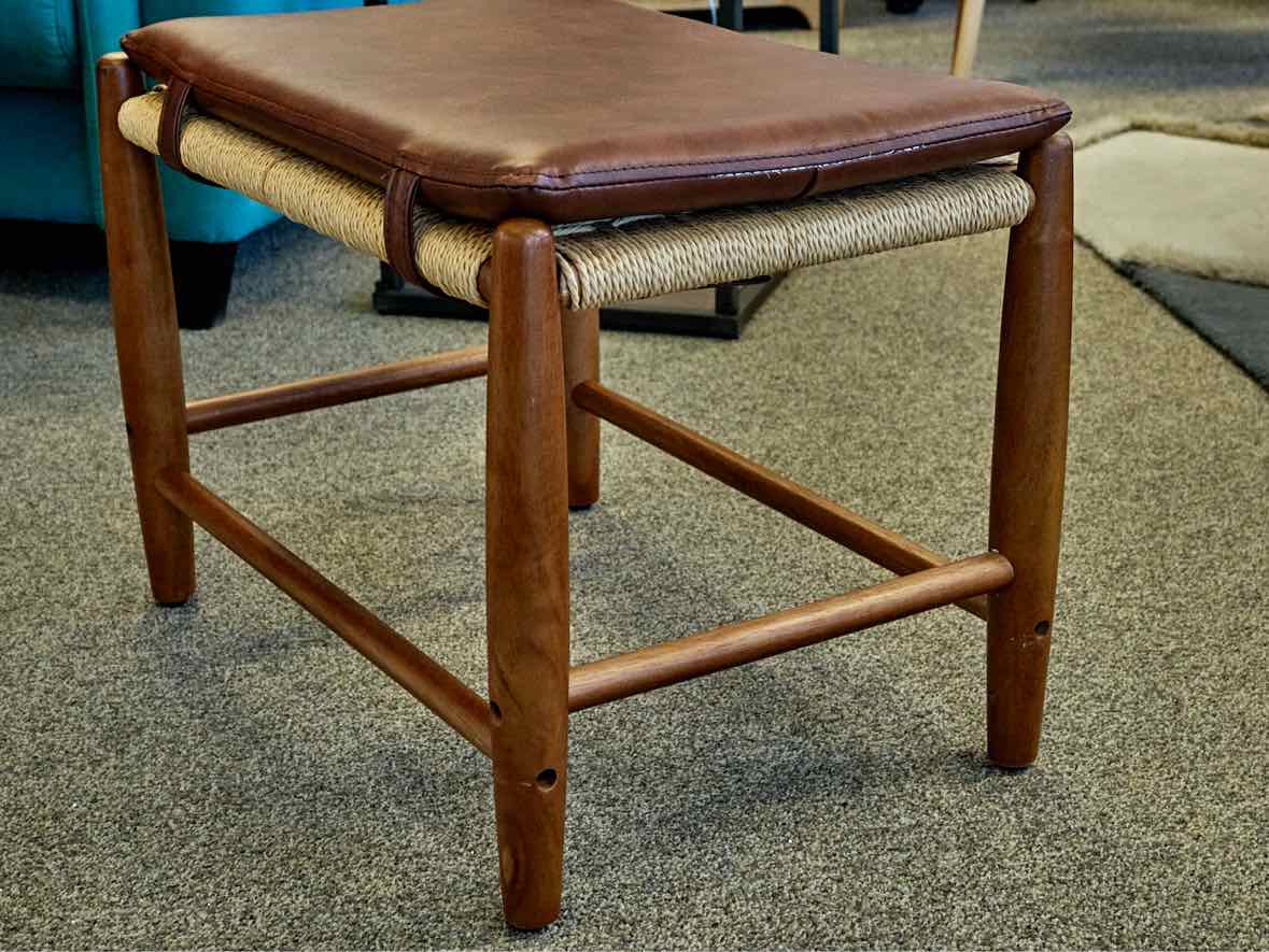 Walnut Stool with Brown Faux Leather Strapping