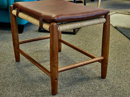 Walnut Stool with Brown Faux Leather Strapping