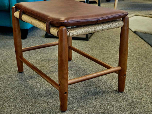 Walnut Stool with Brown Faux Leather Strapping