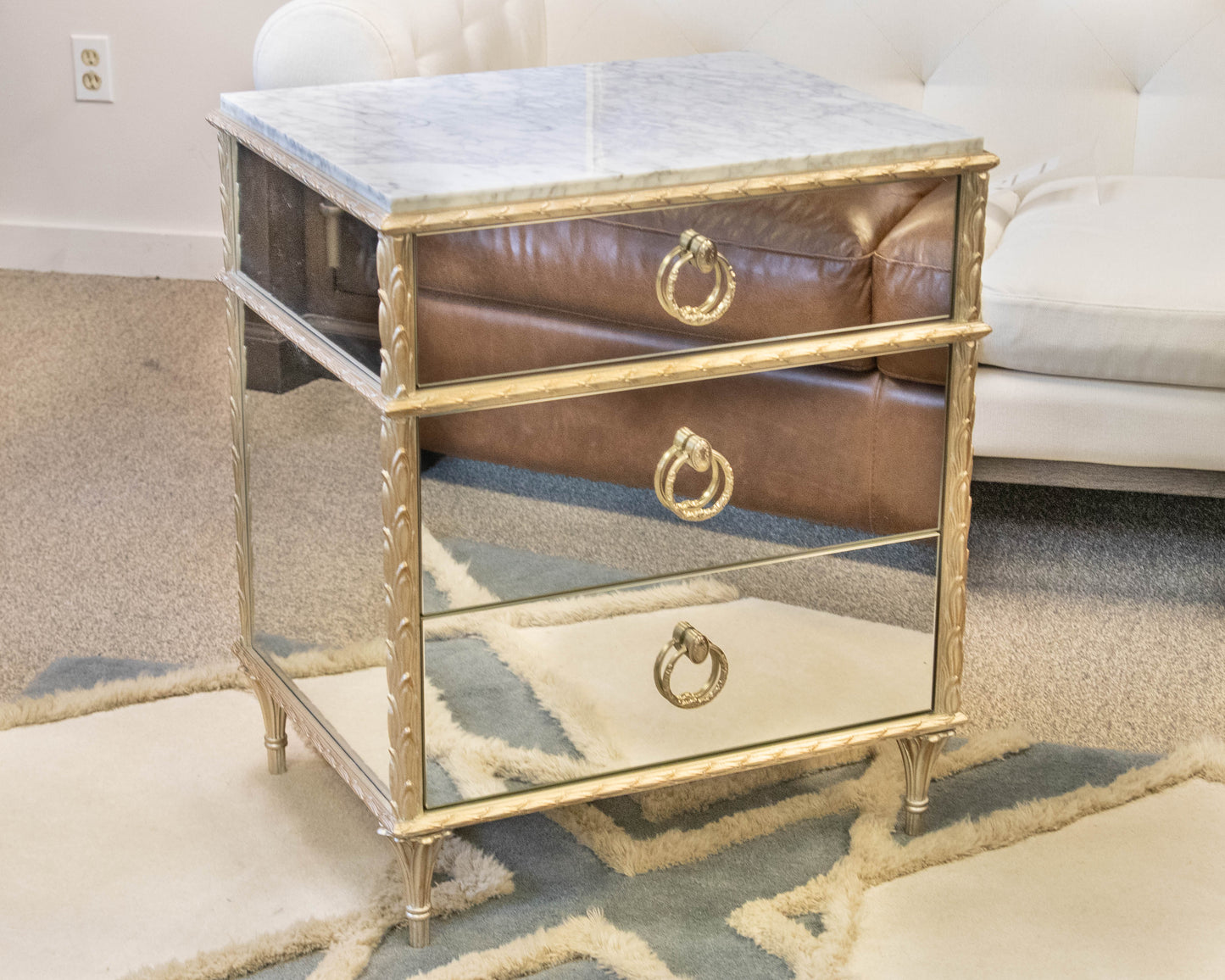 Caracole 3 Drawer Mirrored  Carrara  Marble Top Nightstand