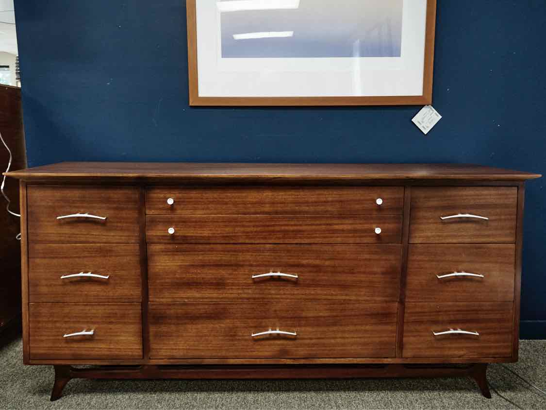 RWay MCM Walnut 10 Drawer Dresser with Silver Finish Hardware