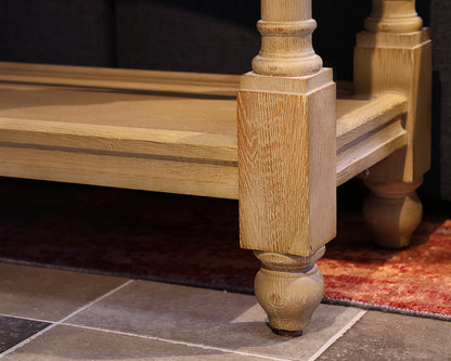 Custom Console Table in Rustic Ivory Finish with Iron Shelf Brace
