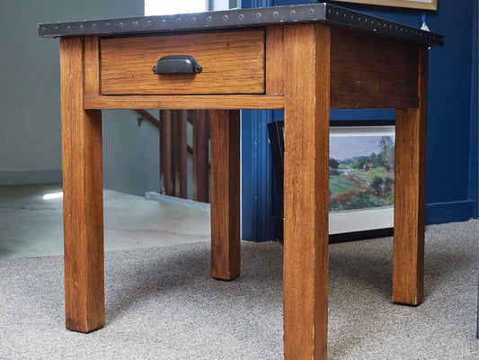 Oak Side Table With Black Metal Top