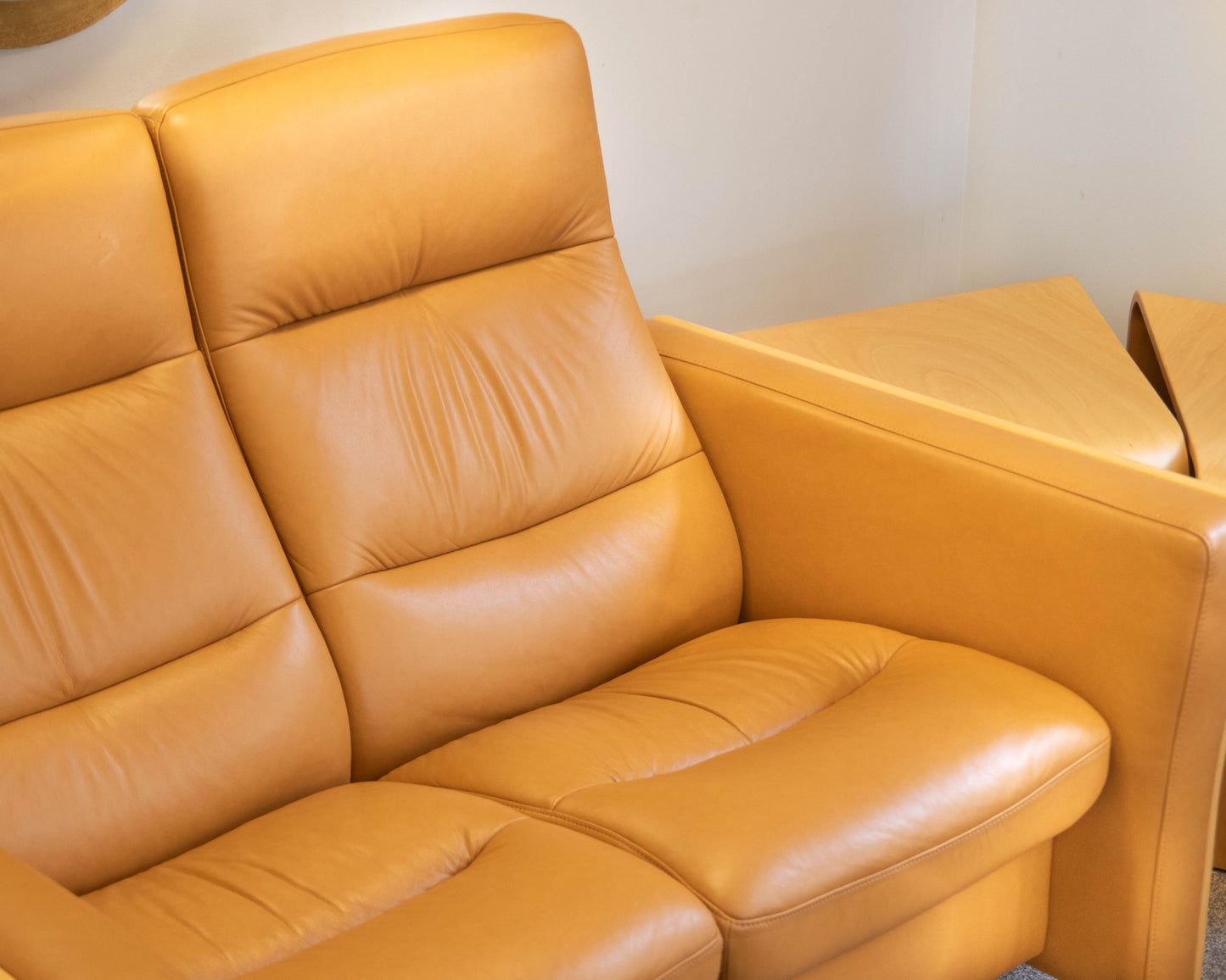 Ekornes Camel Leather High Back Reclining Loveseat