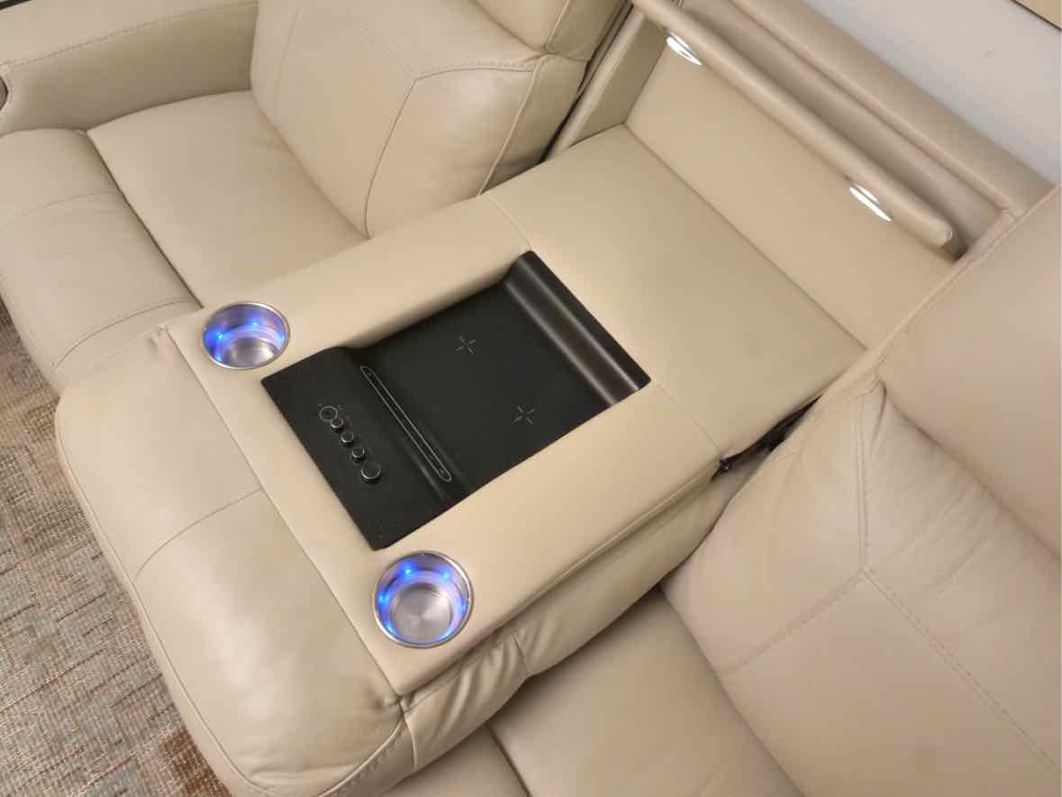 Motomotion Home Theater Ivory Leather Drop Down Console Power Recliner Sofa