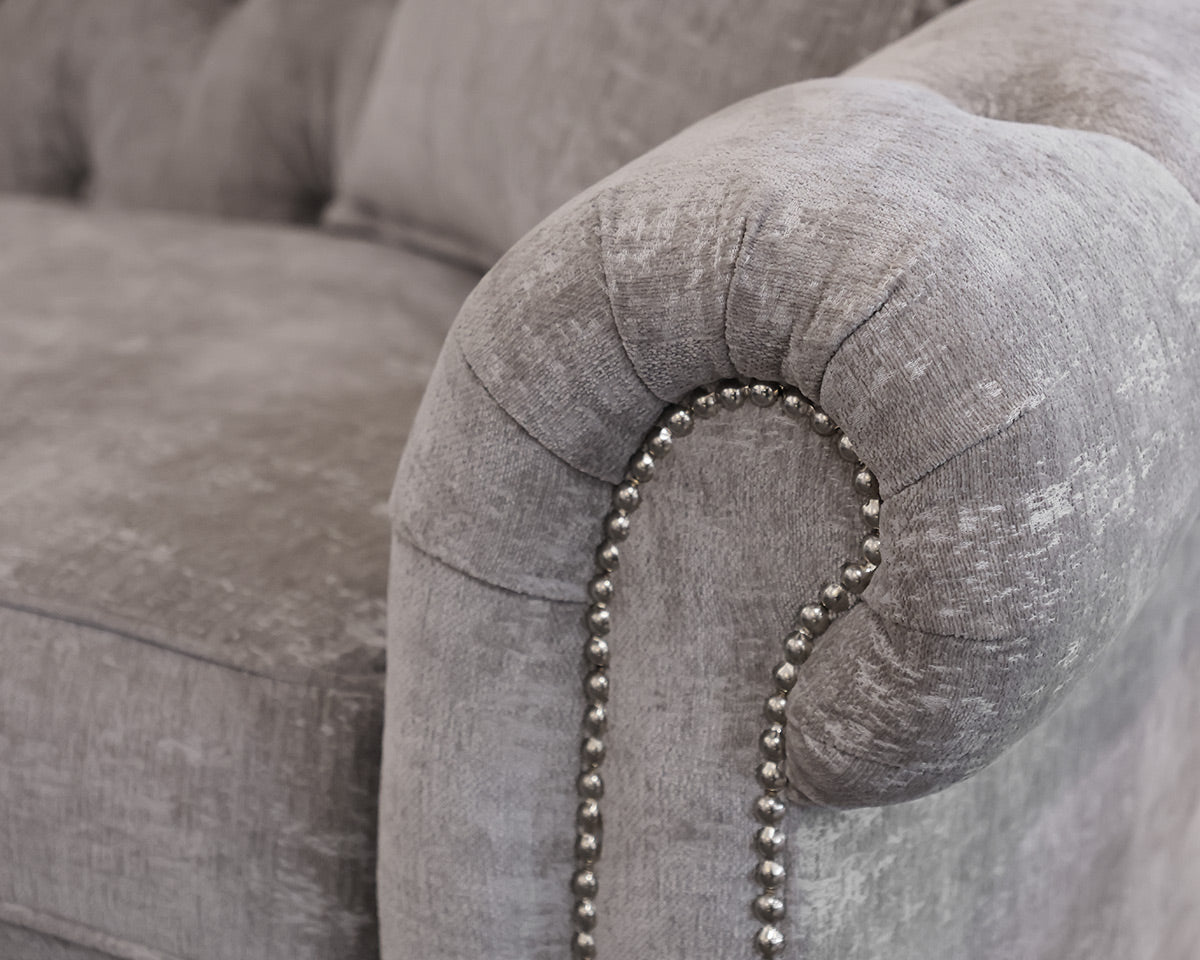 ZGallerie Tufted Sofa in Gray Chenille, Silver Nailhead Trim, Espresso Legs.