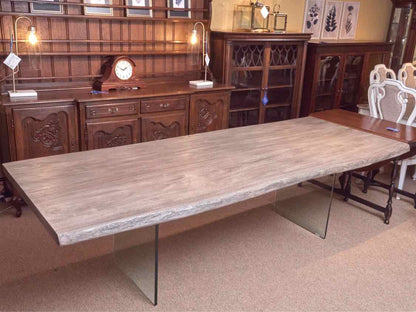 Live Edge Style Composite  Driftwood Finish Glass Base Dining Table