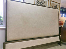RH " Cayden Campaign" Stone Upholstered King Bed with Espresso Wood Trim
