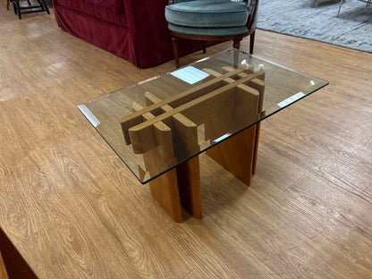 Mid-Century Modern Rectangular Teak Glass Top Side Table