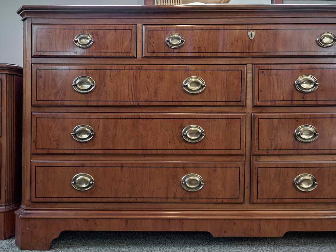 Drexel Inlaid Burlwood Seven Drawer Dresser & Mirror