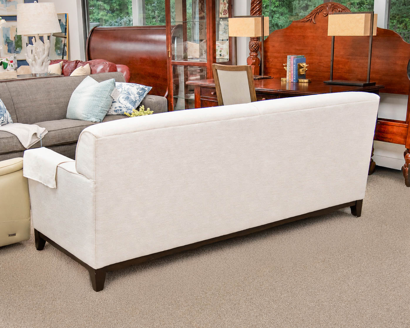 Basset White Upholstered Flat Back Track Arm Sofa On Espresso Wood Frame