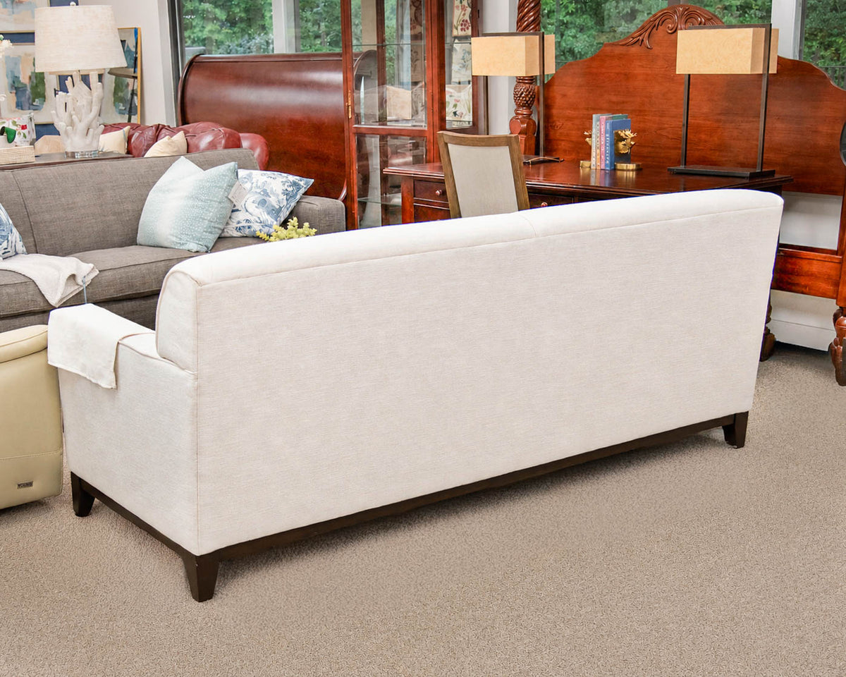 Bassett White Upholstered Flat Back Track Arm Sofa On Espresso Wood Frame