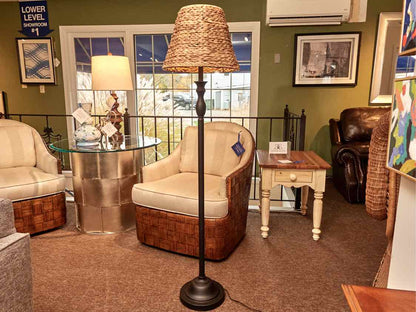 Black Finish Metal Floor Lamp With Seagrass Shade