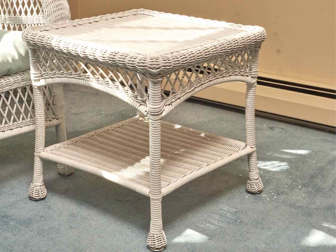 Pier1   Indoor White Wicker  Loveseat,Rocker, Side Chair, 2 Side Tables Set