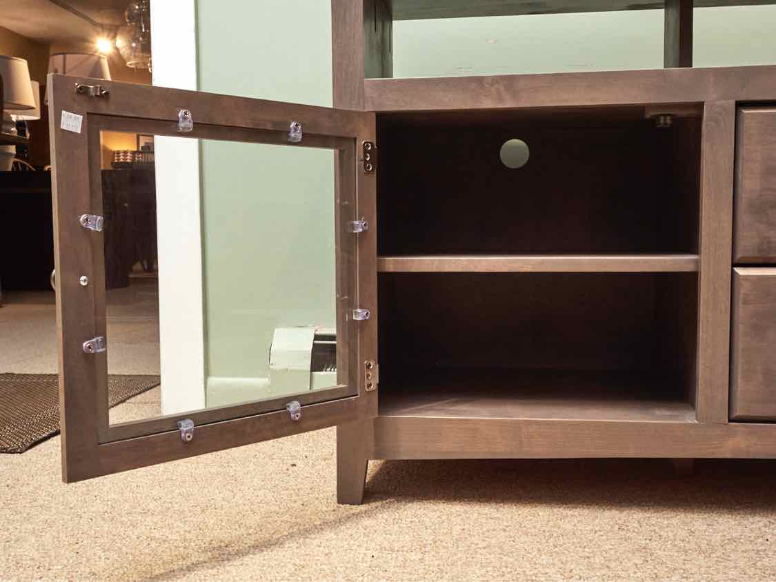 Gray Wash Media Furniture with 2 Glass Doors & 2 Drawers with Nickel Knobs